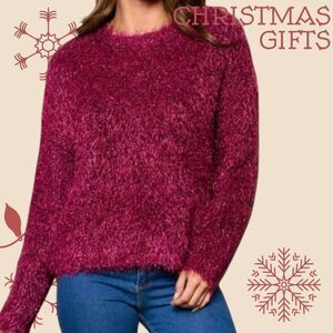 MISS B Women's Magenta Fuzzy Shimmer Long Sleeve Cropped Sweater SIZE S/M